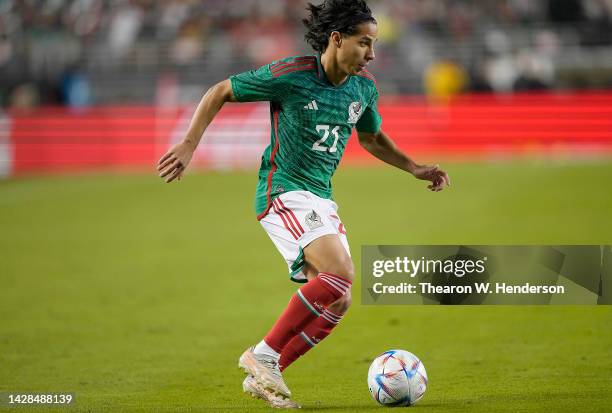 Diego Lainez of Mexico controls the ball dribbling it up the field against Columbia in the second half of the Mextour Send Off at Levi's Stadium on...