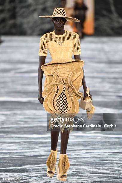 Model walks the runway during the Balmain Womenswear Spring/Summer 2023 show as part of the Balmain Festival V03 during the Paris Fashion Week on...
