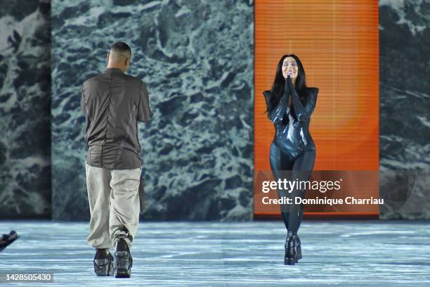 Olivier Rousteing and singer Cher walk the runway during the Balmain Womenswear Spring/Summer 2023 show as part of Paris Fashion Week on September...