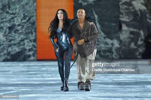 Singer Cher and Olivier Rousteing walk the runway during the Balmain Womenswear Spring/Summer 2023 show as part of Paris Fashion Week on September...