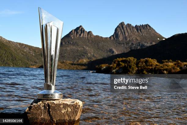 Cricket World Cup Trophy during the ICC T20 Men's Cricket World Cup Trophy Tour at Cradle Mountain National Park on September 28, 2022 in Tasmania,...