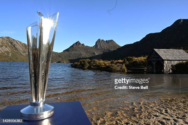 Cricket World Cup Trophy during the ICC T20 Men's Cricket World Cup Trophy Tour at Cradle Mountain National Park on September 28, 2022 in Tasmania,...