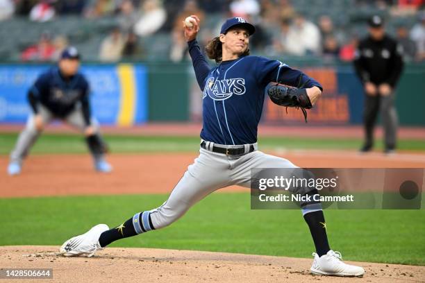 Starting pitcher Tyler Glasnow of the Tampa Bay Rays pitches during the first inning against the Cleveland Guardians at Progressive Field on...