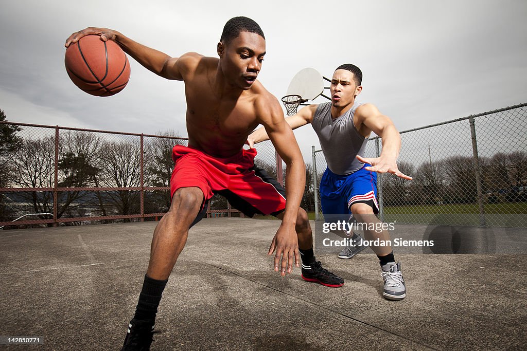 One on one basketball game.