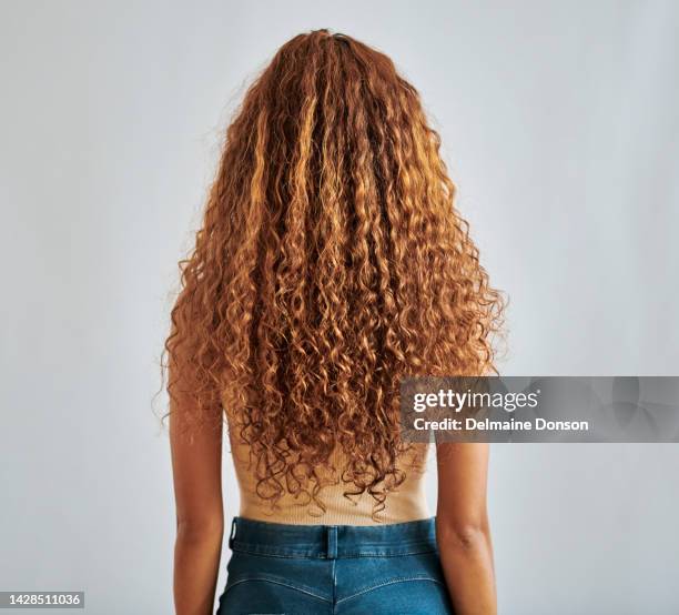 i capelli naturali e sani della donna mostrano crescita, consistenza e salute in studio. femmina dal brasile con estensione dell'acconciatura a onde, trama o trame ricci in stile permanente da salone di bellezza con sfondo bianco - rear foto e immagini stock