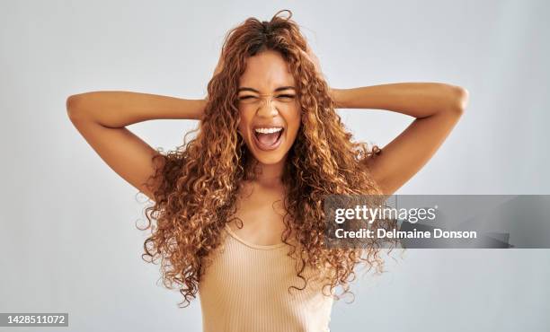 crazy hair care, beauty portrait and model with face cosmetics, smile for skincare and happy against white mockup studio background. black woman being funny and comic with luxury makeup with mock up - seco imagens e fotografias de stock