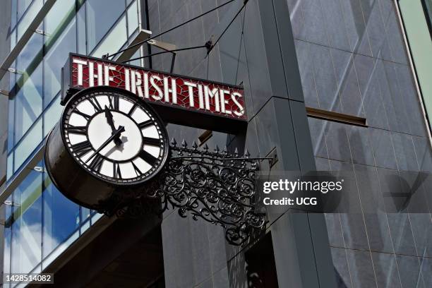 The Irish Times newspaper building headquarters. The clock was manufactured around 1900. Leaded glass sign. Dublin, Republic of Ireland, Europe,...