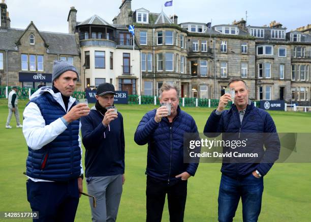 Piers Morgan of England the Television and media personality with the three former England Cricket captains Michael Vaughan , Joe Root and Kevin...
