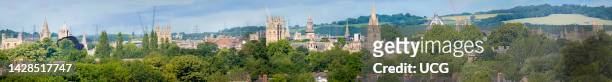 Panoramic view of Oxford Landmarks from South Park Hill, summer morning.
