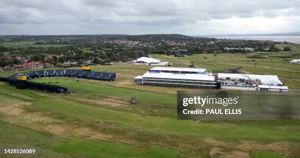 An aerial view shows the Royal Liverpool Golf course in Hoylake, north west England on July 3, 2023. The course will host the 151st Open golf...