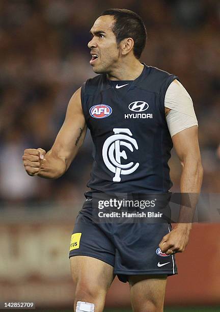 Eddie Betts of the Blues celebrates scoring the opening goal during the round three AFL match between the Carlton Blues and the Collingwood Magpies...