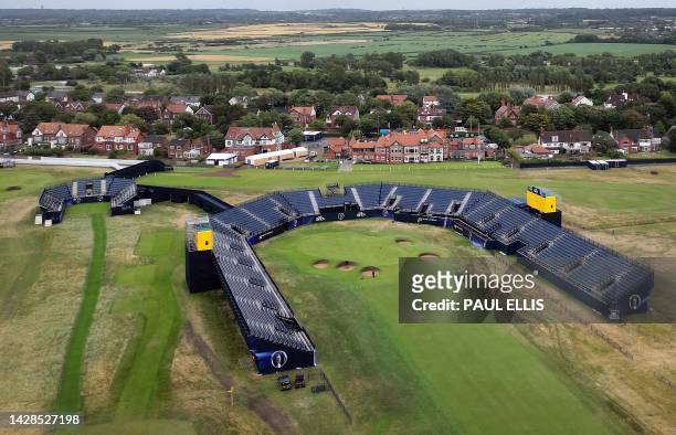 An aerial view shows the the grandstands constructed at the 18th green at the Royal Liverpool Golf course in Hoylake, north west England on July 3,...