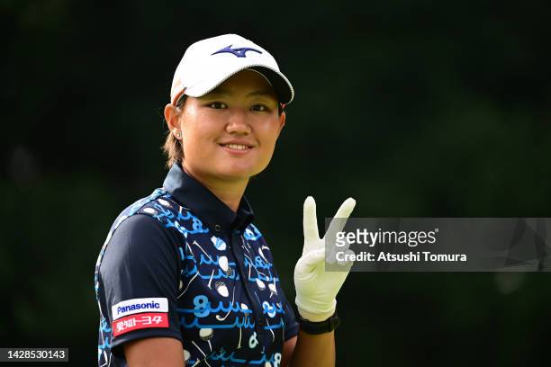 Mao Nozawa of Japan poses on the 12th hole during the first round of the Japan Women's Open Golf Championship at Murasaki Country Club Sumire Course...