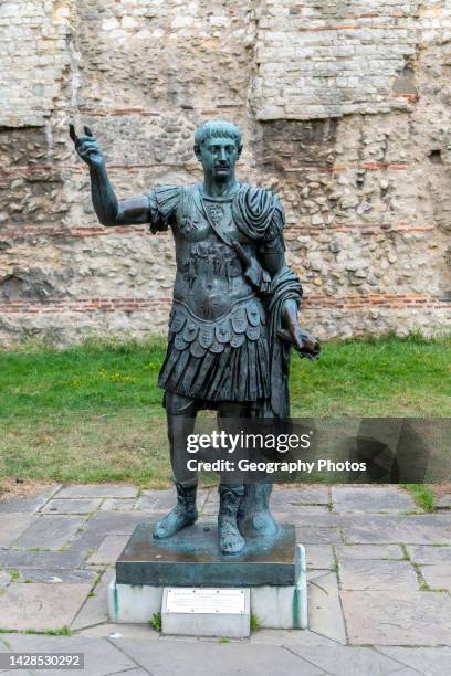 Statue bronze sculpture of Roman emperor Trajan , Tower Hill, London, England, UK installed in 1980.