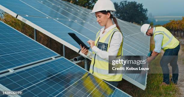 agriculture sustainability, solar panel and engineer workers working on a farm on clean electricity. sustainable energy, eco friendly and builder team manager and employee with digital ecology data - safety equipment stock pictures, royalty-free photos & images