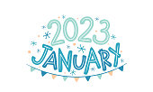 January 2023 logo with hand drawn snowflakes and garland.