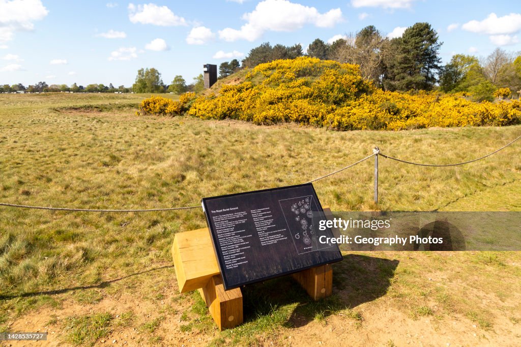 Anglo-Saxon royal burial ground, Sutton Hoo, Suffolk, England, UK, Information panel by ship burial in Mound 2