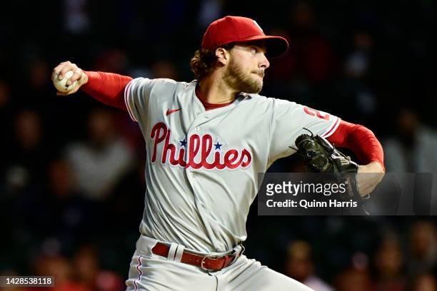 Starting pitcher Aaron Nola of the Philadelphia Phillies delivers the pitch in the first inning against the Chicago Cubs at Wrigley Field on...
