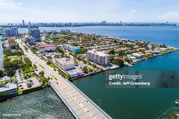 North Bay Village, Florida, Miami, Biscayne Bay, aerial view, North Bay Treasure Island neighborhood and John F Kennedy Causeway bridge.