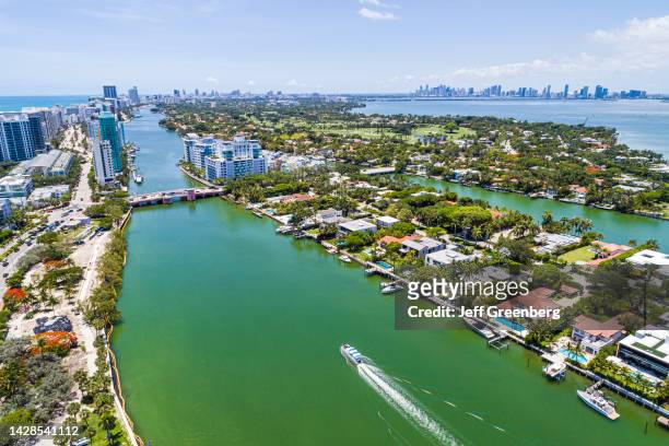 Miami Beach, Florida, aerial view, Indian Creek Biscayne Bay Allison Island La Gorce Island city skyline.