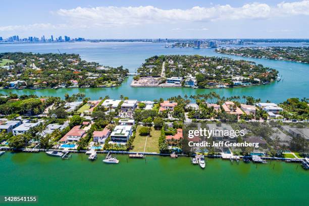 Miami Beach, Florida, aerial view, Biscayne Bay, Allison Island, La Gorce Island and city skyline.
