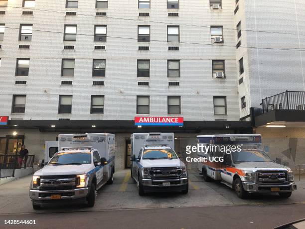 Three Ambulances parked outside the emergency center at Forest Hills Hospital, Queens, New York.