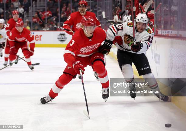 Simon Edvinsson of the Detroit Red Wings battles for the puck against David Gust of the Chicago Blackhawks during the first period at Little Caesars...