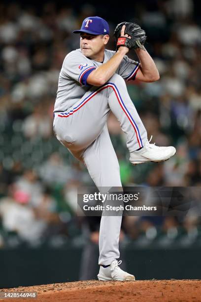 Matt Moore of the Texas Rangers pitches during the seventh inning against the Seattle Marinersat T-Mobile Park on September 27, 2022 in Seattle,...