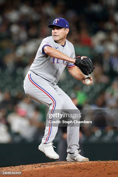 Matt Moore of the Texas Rangers pitches during the seventh inning against the Seattle Marinersat T-Mobile Park on September 27, 2022 in Seattle,...