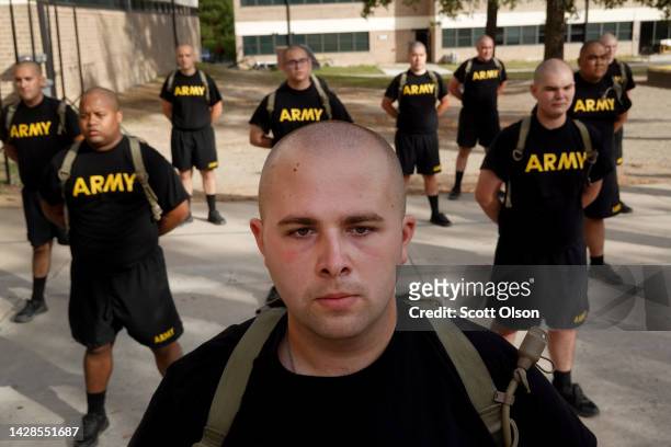 Army trainees participating in the Army's new Future Soldier Prep Course stand in formation following a physical training session at Fort Jackson on...