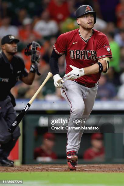 Carson Kelly of the Arizona Diamondbacks doubles during the fourth inning against the Houston Astros at Minute Maid Park on September 28, 2022 in...