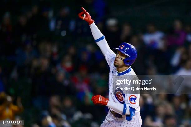 Christopher Morel of the Chicago Cubs reacts after his three run home run in the fifth inning against the Philadelphia Phillies at Wrigley Field on...
