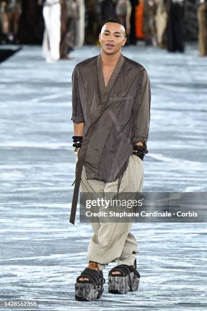 Fashion designer Olivier Rousteing walks the runway during the Balmain Womenswear Spring/Summer 2023 show as part of the Balmain Festival V03 during...
