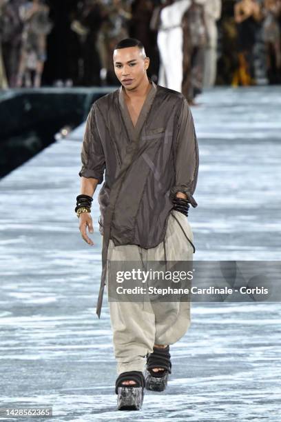 Fashion designer Olivier Rousteing walks the runway during the Balmain Womenswear Spring/Summer 2023 show as part of the Balmain Festival V03 during...