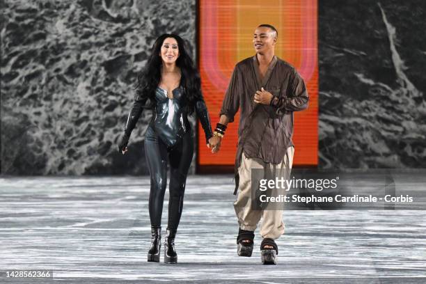 Singer Cher and Fashion designer Olivier Rousteing walk the runway during the Balmain Womenswear Spring/Summer 2023 show as part of the Balmain...