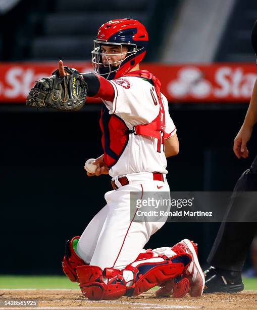 Logan O'Hoppe of the Los Angeles Angels during his Major League Baseball debut in the first inning against the Oakland Athletics at Angel Stadium of...
