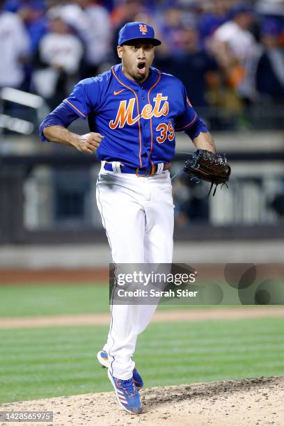 Edwin Diaz of the New York Mets reacts after pitching during the ninth inning against the Miami Marlins at Citi Field on September 28, 2022 in New...