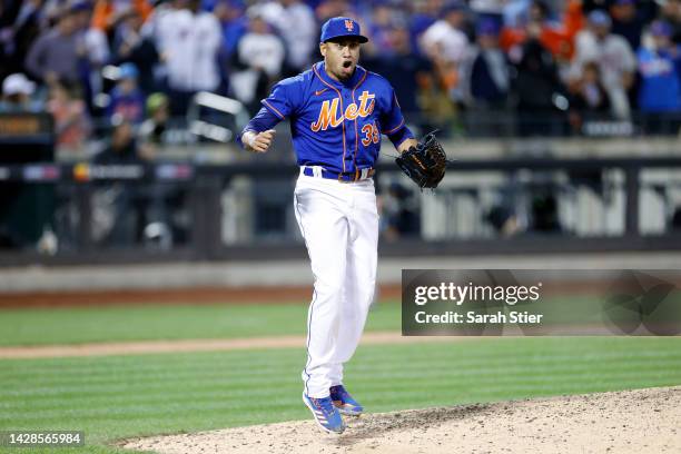 Edwin Diaz of the New York Mets reacts after pitching during the ninth inning against the Miami Marlins at Citi Field on September 28, 2022 in New...