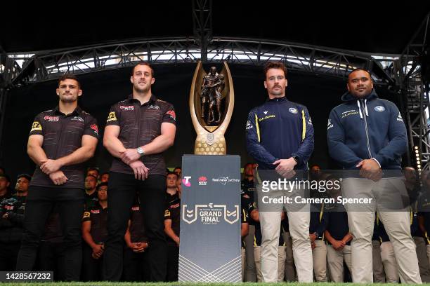 Nathan Cleary and Isaah Yeo of the Panthers poses alongside Clinton Gutherson and Junior Paulo of the Eels during the NRL Grand Final Fan Fest at...