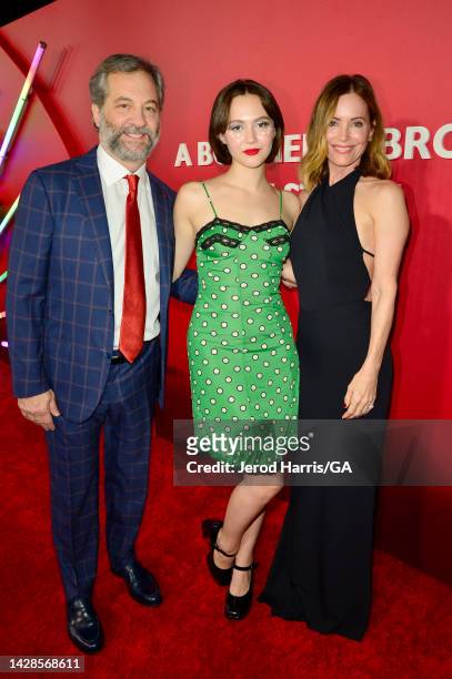 Judd Apatow, Iris Apatow and Leslie Mann attend the Los Angeles Premiere of Universal Pictures' "Bros" at Regal LA Live on September 28, 2022 in Los...