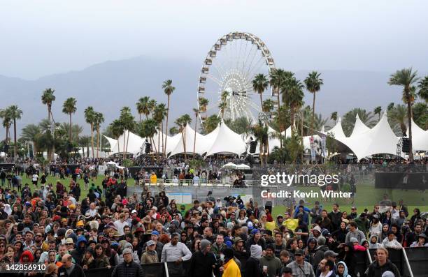 View of the ferris wheel with the crowd from the Main Stage in the foreground is seen during day 1 of the 2012 Coachella Valley Music & Arts Festival...