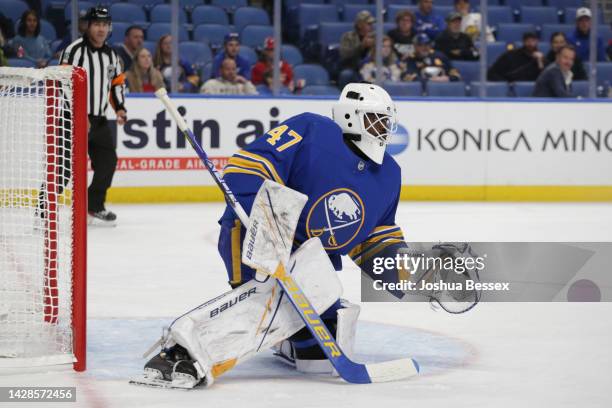 Malcolm Subban of the Buffalo Sabres sits in net during the second period against the Philadelphia Flyers at KeyBank Center on September 27, 2022 in...