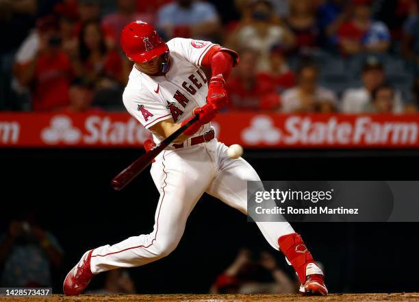 Logan O'Hoppe of the Los Angeles Angels singles for his first career Major League Baseball hit in the third inning against the Oakland Athletics at...