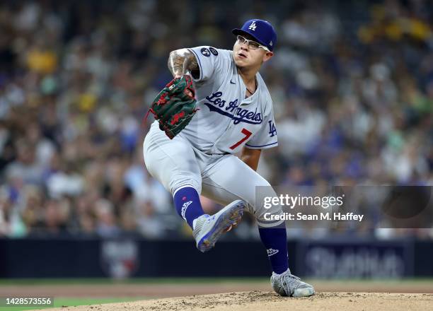 Julio Urias of the Los Angeles Dodgers pitches during the first inning of a game against the San Diego Padres at PETCO Park on September 28, 2022 in...