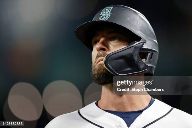 Mitch Haniger of the Seattle Mariners reacts after grounding out into a double play during the fifth inning against the Texas Rangers at T-Mobile...