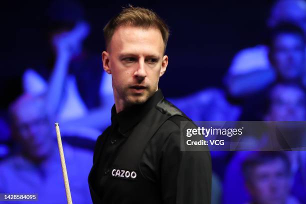 Judd Trump of England reacts in the first round match against Dean Young of Scotland on day three of the 2022 Cazoo British Open at Marshall Arena on...