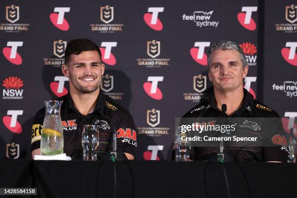 Nathan Cleary of the Panthers and Panthers coach Ivan Cleary speak during the 2022 NRL Grand Final media conference at The Fullerton Hotel, Martin...