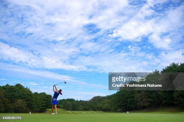Hikari Fujita of Japan hits her tee shot on the 9th hole during the third round of the Sky Ladies ABC Cup at ABC Golf Club on September 29, 2022 in...
