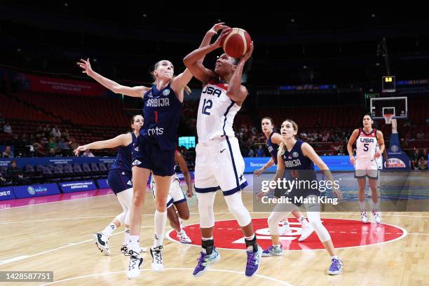 Alyssa Thomas of the United States drives to the basket during the 2022 FIBA Women's Basketball World Cup Quarterfinal match between USA and Serbia...