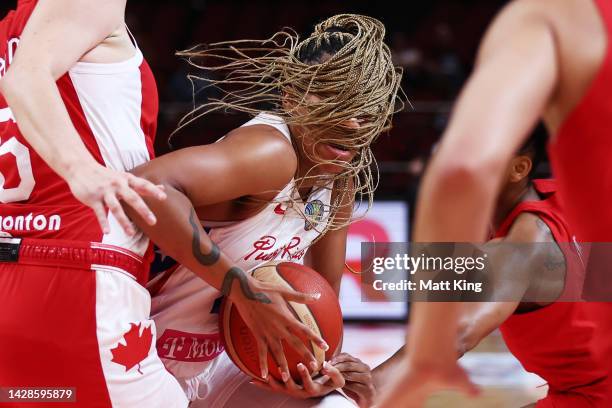 Arella Guirantes of Puerto Rico controls the ball during the 2022 FIBA Women's Basketball World Cup Group Canada match between Puerto Rico at Sydney...